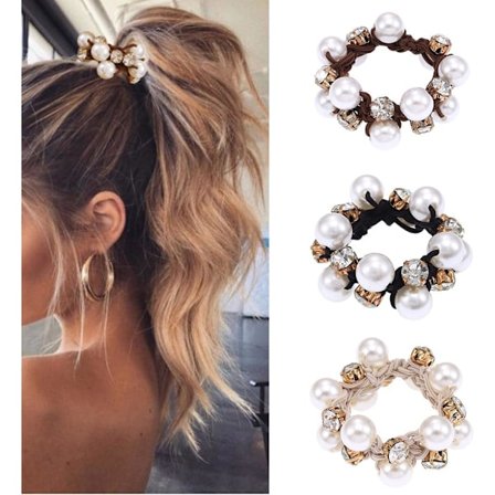 3 stk. Sorte Elastiske Hårbånd med Perler og Krystal - Hårtilbehør til Kvinder og Piger