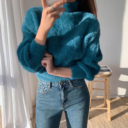 Dam Fuzzy Fleece Tröja Med Hög Hals Långärmad Vanlig Tröja