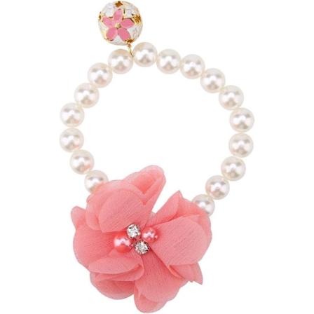 Halsband med pärlor för husdjur (rosa) - 22-40 cm elastiskt hundhalsband med pärlor och blommor