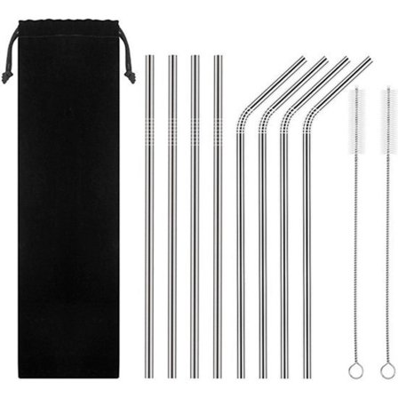 Gjenbrukbare sugerør i rustfritt stål, sett med 8 - 4 rette u0026 4 bøyde 21 cm med rengjøringsbørster og oppbevaringspose - Sølv