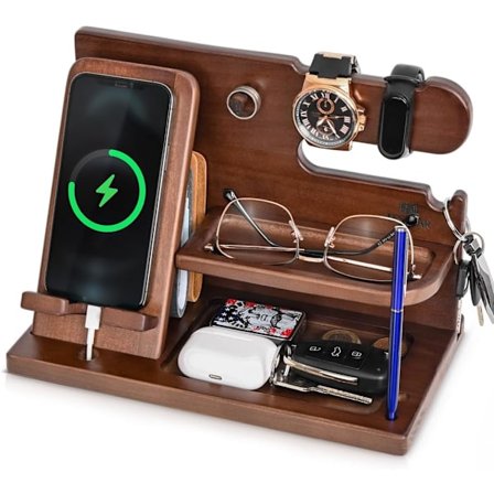 Telefon Dockingstation i Træ – Skrivebordstilbehør & Arbejdsplads Organizer – Natbords Organizer