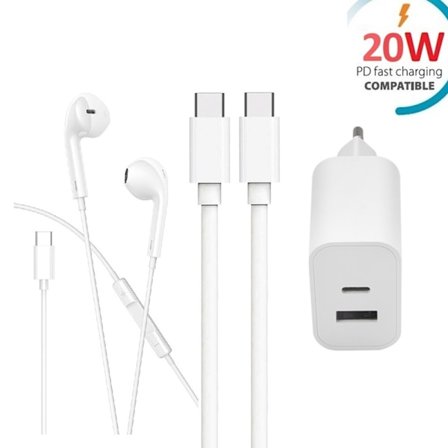Snabbladdare Dual Port USB-C + USB-C till USB-C-kabel + Hörlur med USB-C-kontakt