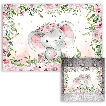 5x3ft Baby Elephant Bakgrund för flicka eller pojke Bakgrund Kön avslöja Tillbehör Blush Rosa Grönska Blad Baby Shower Fest Banner Dekorationer för 