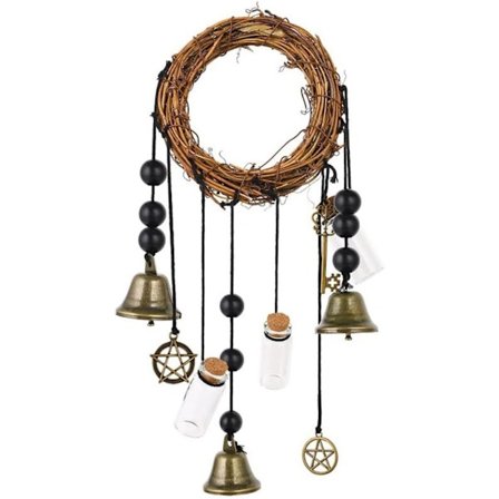 Håndlagde heksebjeller for beskyttelse - Heksebjellerkrans - Heksekunstutstyr - Pentagram - Heksebjeller i rotting - Beskyttelse for hjemmet - 