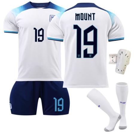 2022 England VM-trøje nr. 9 Kane 10 Sterling 19 Mount 20 Foden Børnefodboldtrøje No. 19 with socks + protective gear #S