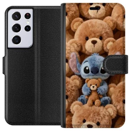 Kompatibelt Lommeboketui til Samsung Galaxy S21 Ultra 5G Stitch omgitt av brune teddybjørner med en liten teddybjørn i fanget i en søt og koselig kawa