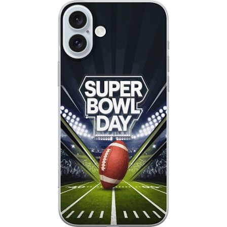 Kompatibelt Mobildeksel til Apple iPhone 16 Plus Super Bowl Day plakat med amerikansk fotball på opplyst arena i dramatisk sportsdesign