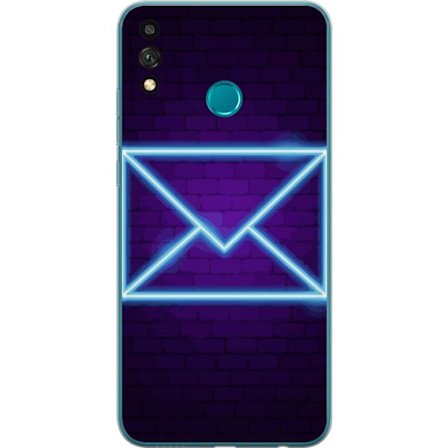 Yhteensopiva Puhelinkuori Honor Honor 9X Lite Neonilta illuustraatio kirjekuoresta sinisessä valossa lila tiiliseinää vasten, nykyaikainen symboli