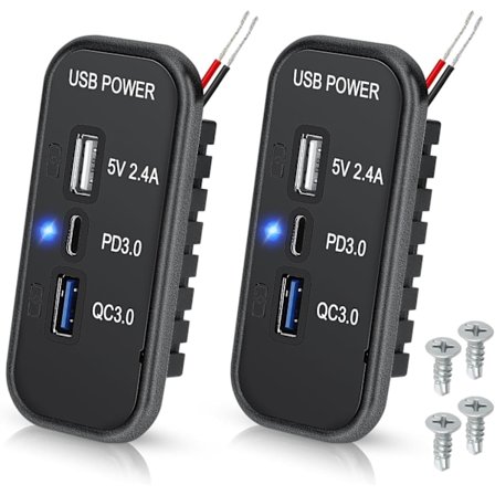 RV USB-uttag, PD3.0 Type C, QC3.0 & 2.4A USB-portar, snabbladdningsadapter för bil, båt, lastbil - 2 st, Svart