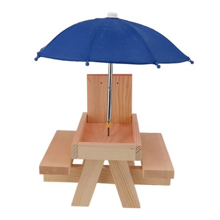 Ekornematerbord i furutre, utendørs hagehengende ekornepiknikbordmater med paraply, blå paraply