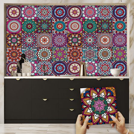 16 ark farvede marokkanske flise klistermærker (15cm x 15cm, 6 x 6 tommer) Mandala køkken badeværelse væg flise klistermærker Skræl og klæb på 