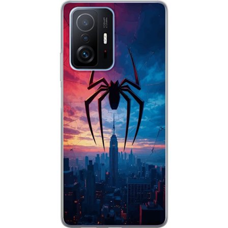 Kompatibelt Mobildeksel til Xiaomi Xiaomi 11T Stilisert edderkopp over bysilhuett i dramatisk solnedgang, grafisk fantasyillustrasjon med sterke farge