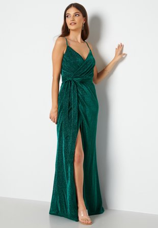 Goddiva Glitter Wrap Front Maxi Dress Emerald Klær