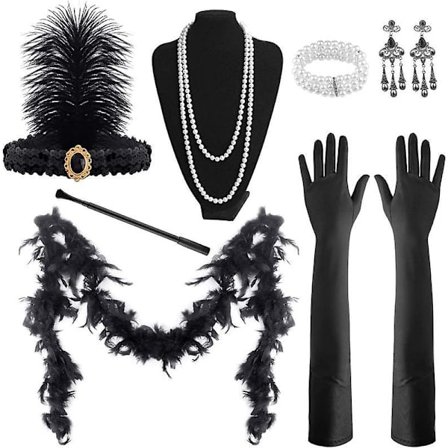 9 Pcs 1920s Accessories Set Headband Necklace Earrings Long Black Gloves Boa Great Gatsby Theme Party Accessories For Womenset C