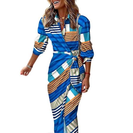 Dam Plus Size Långärmad Tryckt Kavajslag Knyt Skjorta Omlottklänning Midiklänning (Blå S)