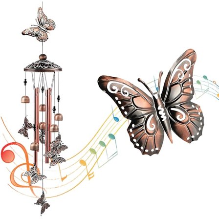 Sommerfugl-vindklokker, elektroplettet kobbermetall vindfang med S-krok mobil romantisk minnesvindklokker hjem hage uteplass Gard