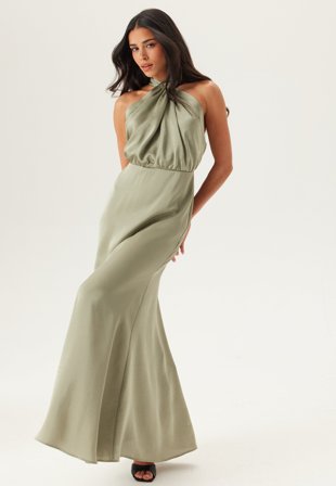 Bubbleroom Occasion - Halterneck Satin Gown - Light khaki green