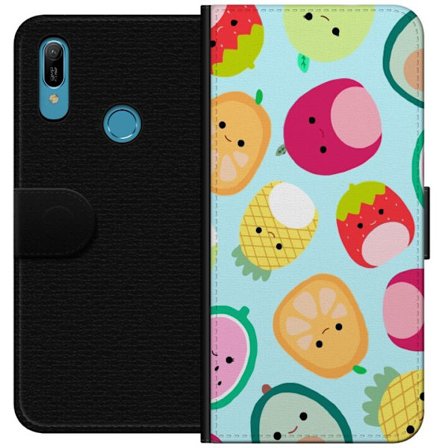 Kompatibel Tegnebogsetui til Huawei Y6 (2019) Mønster af kawaii frugter som jordbær citron ananas og avocado på lyseblå baggrund