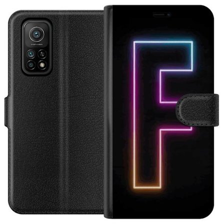 Kompatibelt Lommeboketui til Xiaomi Xiaomi Mi 10T Pro 5G Neonbokstav F i rosa, blå og gule lyskanter mot en mørk bakgrunn, grafisk bokstavillustrasj