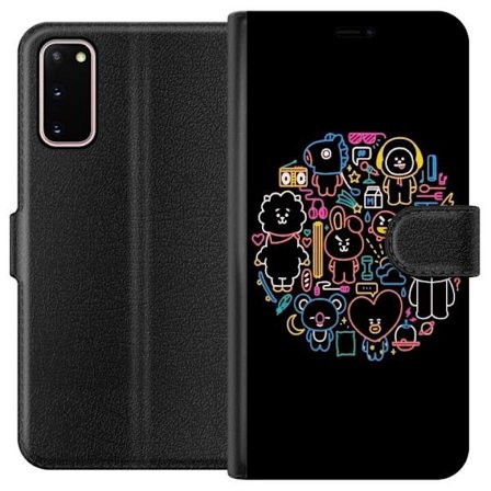 Samsung Galaxy S20 Lommeboketui Fargerik BT21 neonillustrasjon fylt med lekne figurer, symboler og detaljer i en rund komposisjon som lyser mot svart