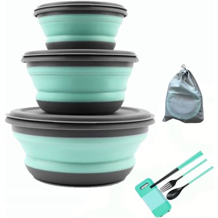 Sammenklappeligt Campingskålsæt - Inkluderer Låg, Bestik & Opbevaringstaske til Vandring & Rejser 3 Dele