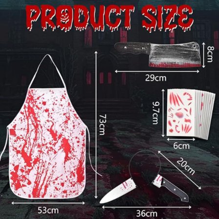 Blodigt Förkläde Skräckkostymset – Halloween Slaktare Cosplay med Falska Blodfläckar *Set 3* One size
