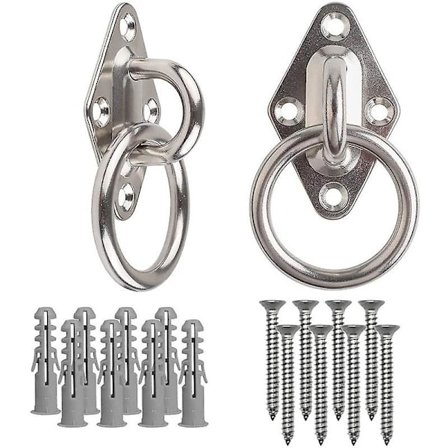 2 stk. 80 mm x 50 mm monteringskrog til væg eller loft med rund ring i rustfrit stål - beslag / fastgørelse til slyngetræner, hængekøje