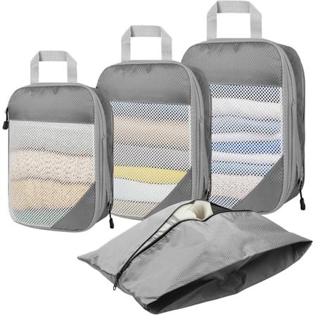 4 st reseväskor packningsorganisatörer med nätutbyggbar resväskeorganisatör för resor eller hemförvaring (grå)