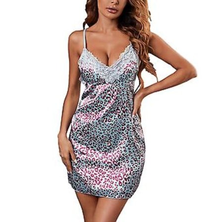 Leopardmönstrad Spetssexig Nattklänning Satin V-ringad Ärmlös Nattlinne Dam Nattklänning 3XL(M Rosa)