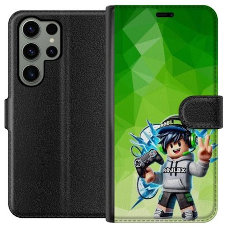 Kompatibelt Lommeboketui til Samsung Galaxy S23 Ultra Roblox-inspirert gamerfigur med headset, håndkontroll og energiske effekter mot grønn bakgrunn