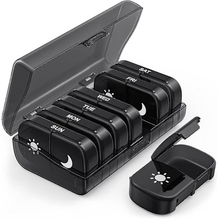 Tcgg-ekstra Stor Ugentlig Pilleæske 2 Gange Om Dagen, Ensidig Åben Pilleboks 7 Dage For Nem Påfyldning, Sort Privatlivsbeskyttelse Am Pm Pilleæske Til