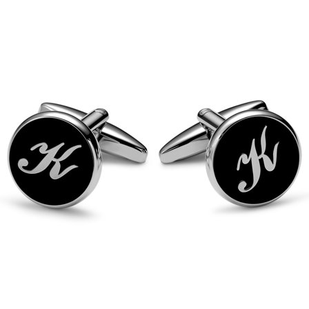 Runde Sølvtonede og Sorte Mansjettknapper med K Initial for menn