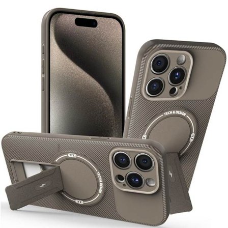 iPhone 15 Pro Case Kickstand Carbon Fiber Texture PC+TPU - Brown