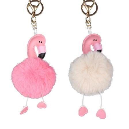Fluffy nøglering Pom Pom Flamingo Plys dyrevedhæng nøglering til mobiltelefon håndtaske dekoration hængende