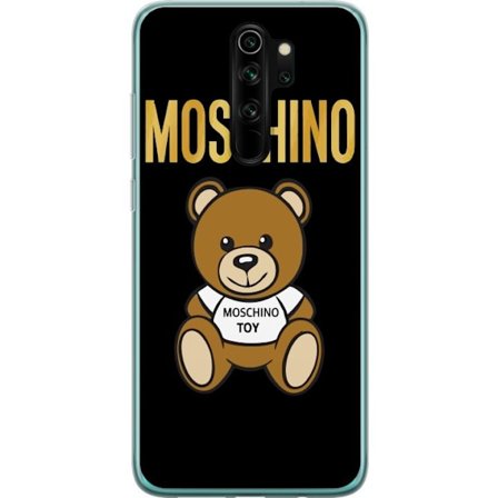 Kompatibelt Mobilskal till Xiaomi Xiaomi Redmi Note 8 Pro Moschino-inspirerad nallebjörn med text på tröjan, centrerad mot svart bakgrund med tydl