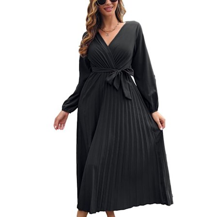 Dame Vinter Høst Kjole V-hals Plissert Høy Midje Belte Lantern Erme Svart