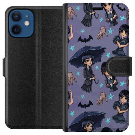 Kompatibelt Lommeboketui til Apple iPhone 12 Onsdag Addams plakat tegneserie lilla bakgrunn flaggermus hånd Ting gotisk søt Netflix-serie design