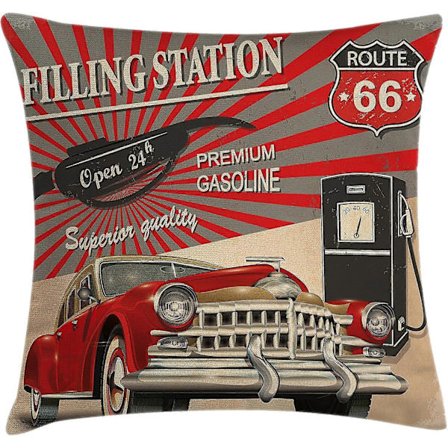 Bil Pynteputetrekk, Retro Stil Bensinstasjon Forretningselementer Rute, Dekorativt Firkantet Putetrekk, 45,72 cm X 45,72 cm, Vermilion Beige