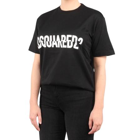Dsquared2, Staggered Logo Print T-shirt Zwart, Dames, Maat:S,Katoen