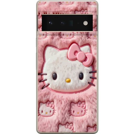 Kompatibelt Mobildeksel til Google Pixel 6 Pro Hello Kitty rosa fluffy bakgrunn med ikoniskt ansikt og kawaii-estetikk