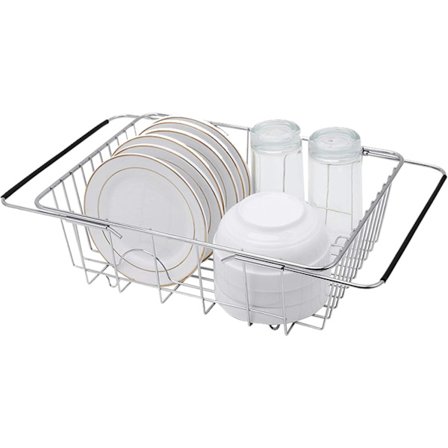 Laajennettava astiankuivausteline keittiön tiskialtaaseen, ruostumaton astiateline 304 ruostumatonta terästä, jossa on hopeaesineteline ja 