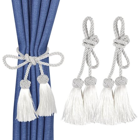 Sett med 2 håndlagde gardinoppheng i tau med dusker for vindu C