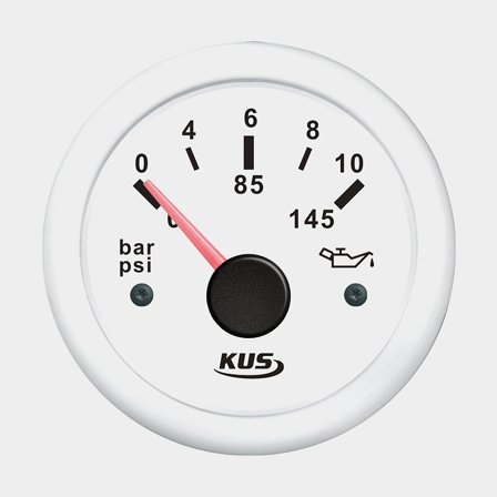 Oljetrycksmätare KUS, imfri, Ø52 mm, 12 V / 24 V, 10 - 184 Ω, vit, 0 - 10 bar / 0 - 145 psi