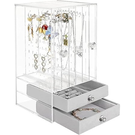 Dww-smykkeoppbevaring, smykkeutstillingsholder med 2 skuffer 186 hull, gjennomsiktig akryl ørepynt holder, sminkeorganisatorbrett for smykker 