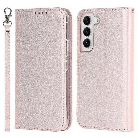 För Samsung Galaxy S22 Lanyard Silkestruktur Läderfodral Roséguld