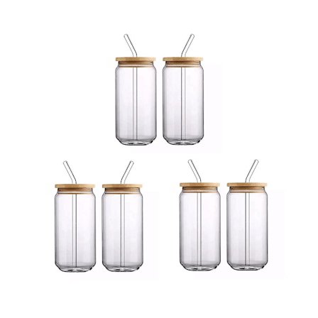 [Sæt af 6] Glas med Bambuslåg og - Ølboksformet Vandglas, 16oz Iskaffe