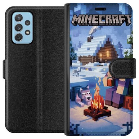 Kompatibelt Plånboksfodral till Samsung Samsung Galaxy A52 5G Minecraft vintermotiv med Steve, varg, lägereld och snöig stuga spelinspirerad illust