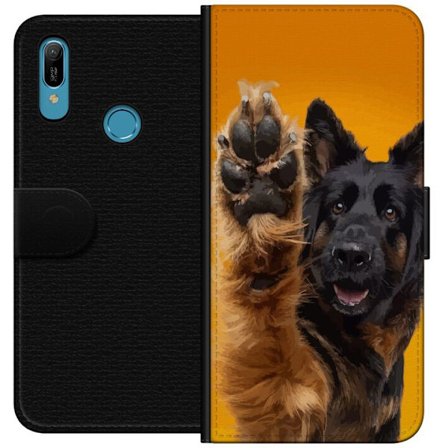 Kompatibelt Plånboksfodral till Huawei Huawei Y6 (2019) Glad hund vinkar med tassen charmigt djurporträtt på gul bakgrund perfekt för hundälskare