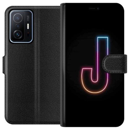 Kompatibelt Plånboksfodral till Xiaomi Xiaomi 11T Minimalistisk neonbokstav J i färgskiftande ljus mot svart bakgrund
