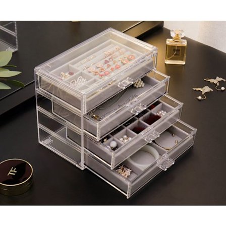 Genomskinlig smyckesförvaring - Akrylsmyckeskrin med 4 lådor och smyckesorganisatör i sammet